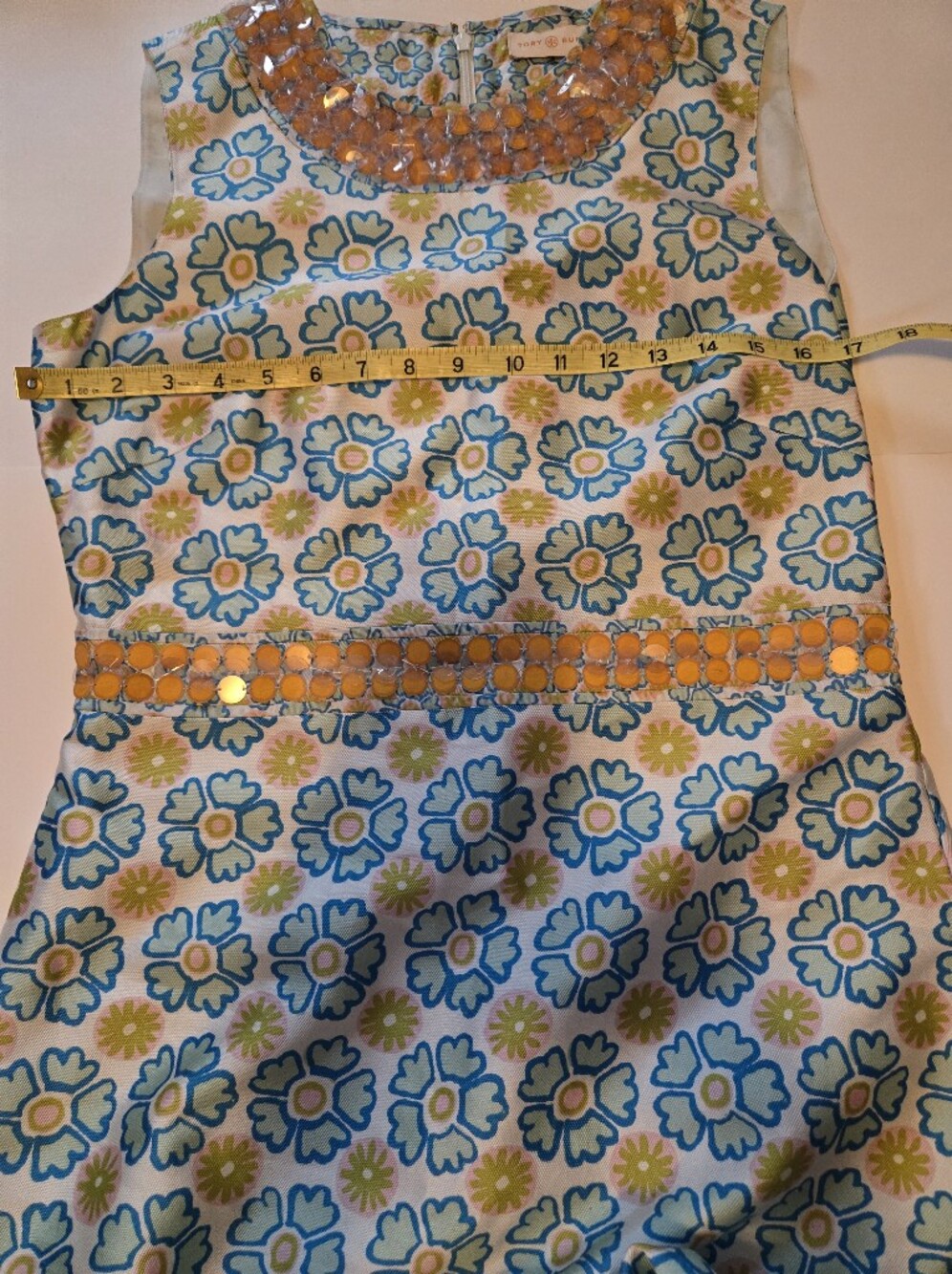 NWT Tory Burch Blue and Green Floral Midi Dress with Beaded Neckline - 8 - Picture 7 of 10